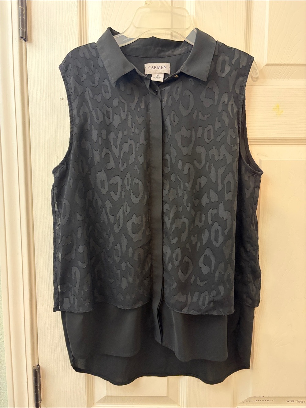Carmen Sleeveless Black Leopard-Pattern Layered Blouse